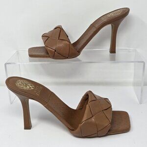 Vince Camuto Brelanie Woven Strap Mule Kitten Heels Barn Brown Womens 9 Leather
